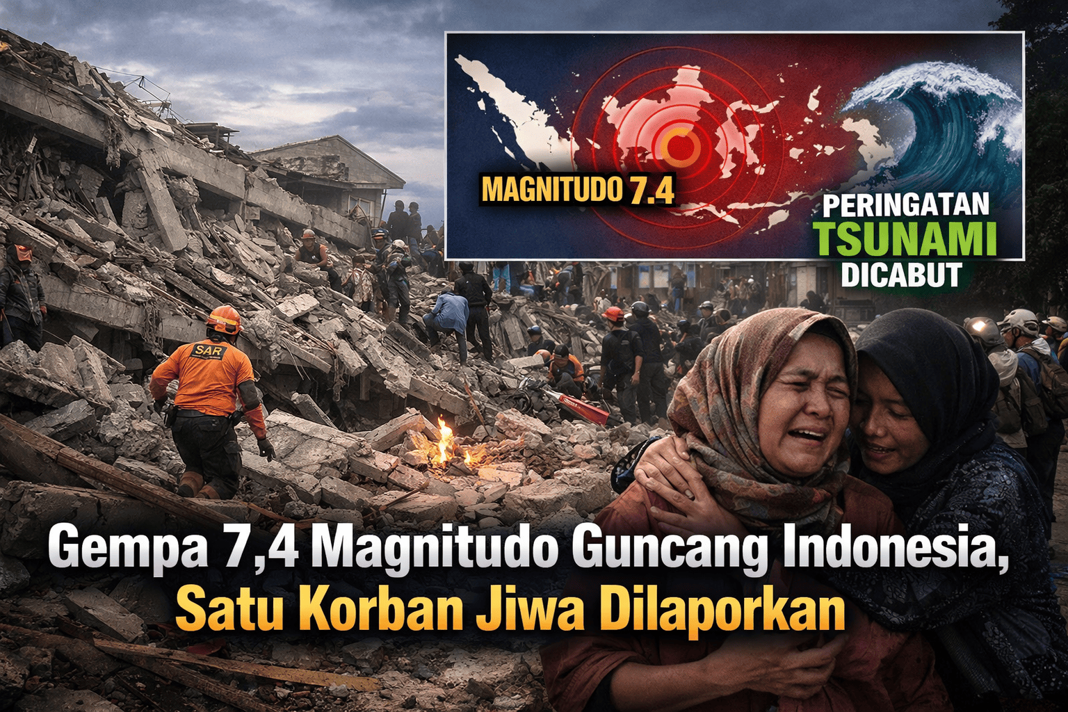 Gempa 7,4 Magnitudo Guncang Indonesia, Satu Korban Jiwa Dilaporkan