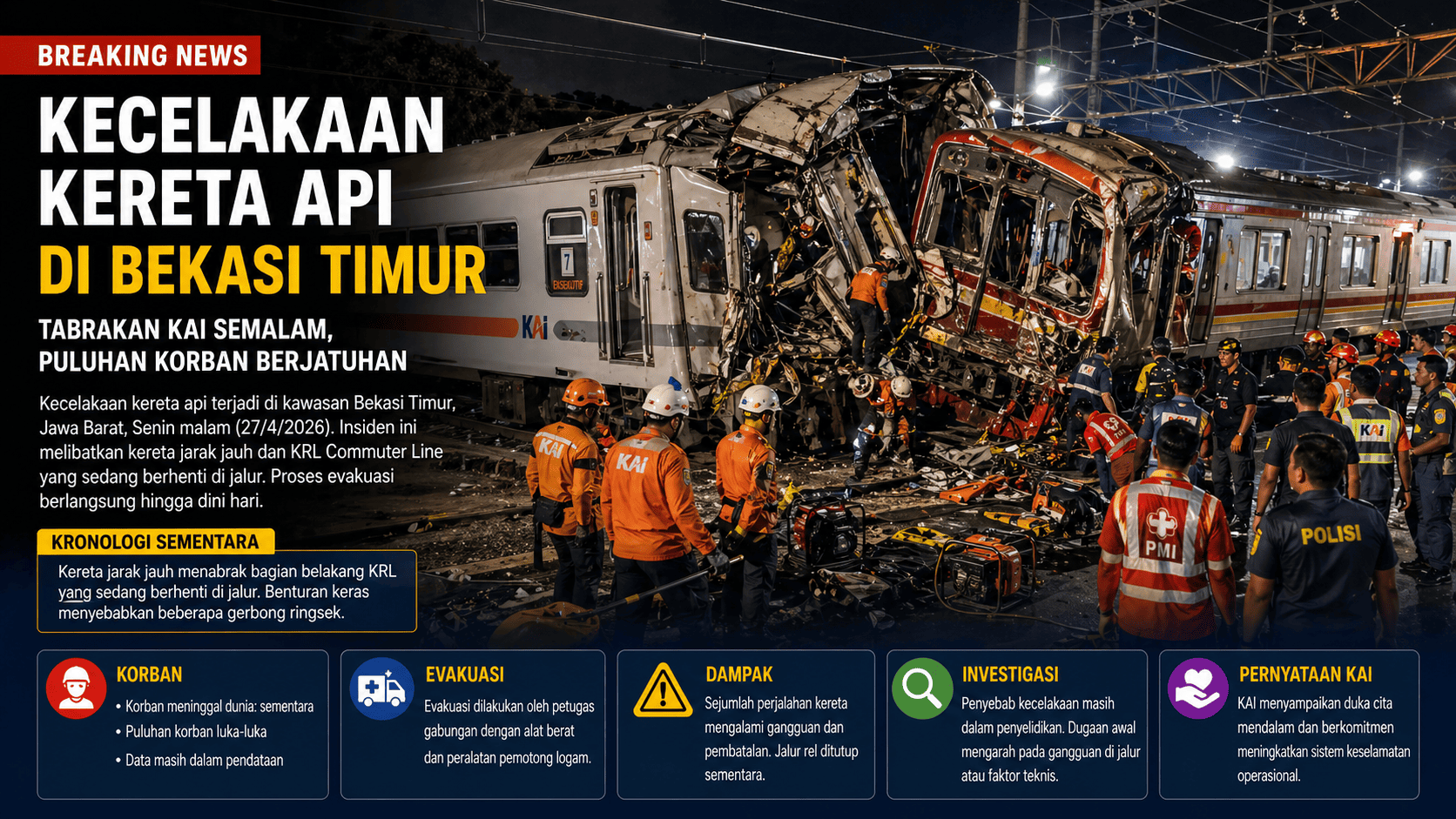 Kecelakaan Kereta Api di Bekasi Timur, Evakuasi Berlangsung Hingga Dini Hari