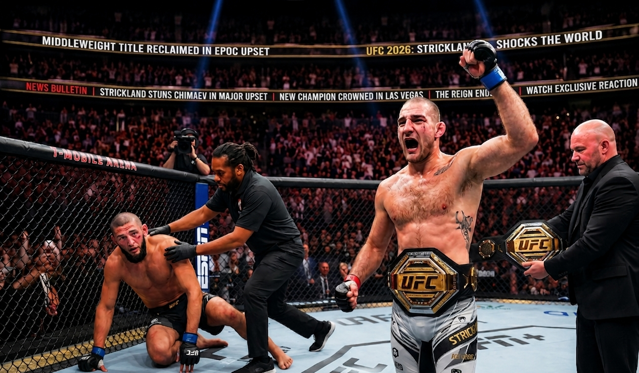 Raja Tak Tersentuh Akhirnya Jatuh! Sean Strickland Cetak Upset Terbesar UFC 2026, Hancurkan Rekor Sempurna Chimaev dan Klaim Kembali Mahkota Kelas Menengah