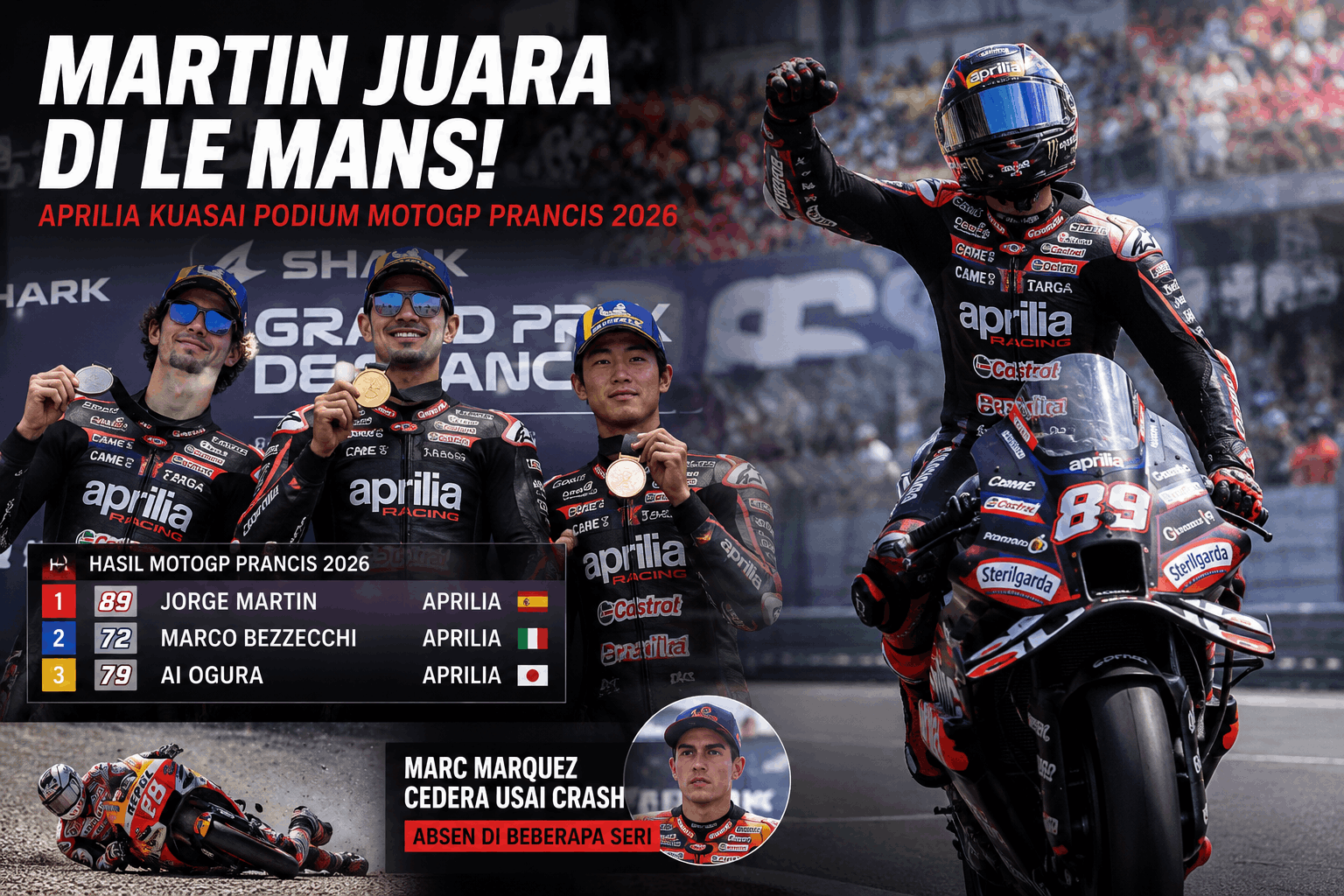 Jorge Martin Menang Dramatis di MotoGP Prancis 2026, Aprilia Kuasai Podium Le Mans