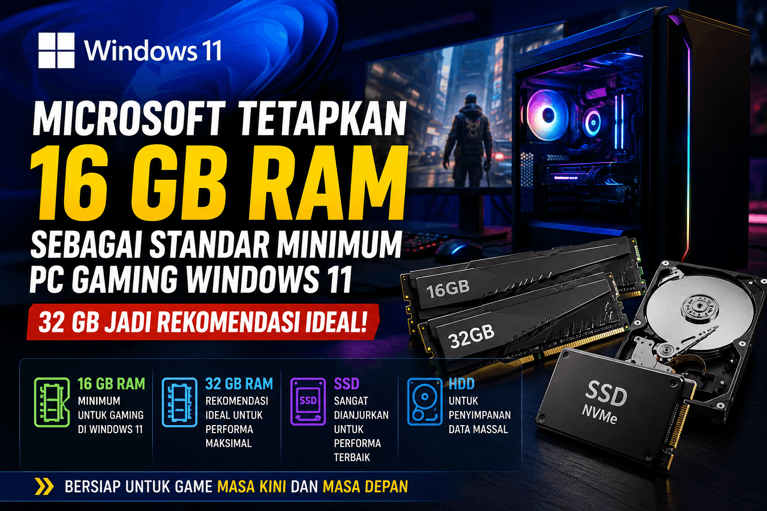 Microsoft Tetapkan 16 GB RAM sebagai Standar Minimum PC Gaming Windows 11 — 32 GB Jadi Rekomendasi Ideal