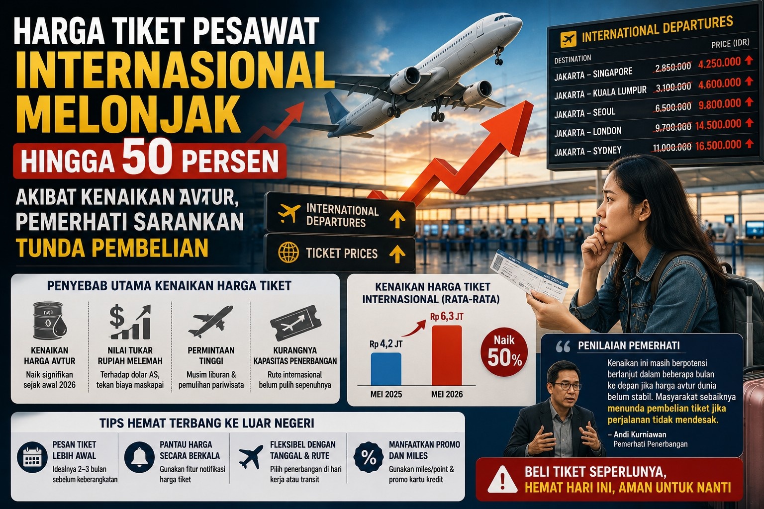 Harga Tiket Pesawat Internasional Melonjak hingga 50 Persen Akibat Kenaikan Avtur, Pemerhati Sarankan Tunda Pembelian