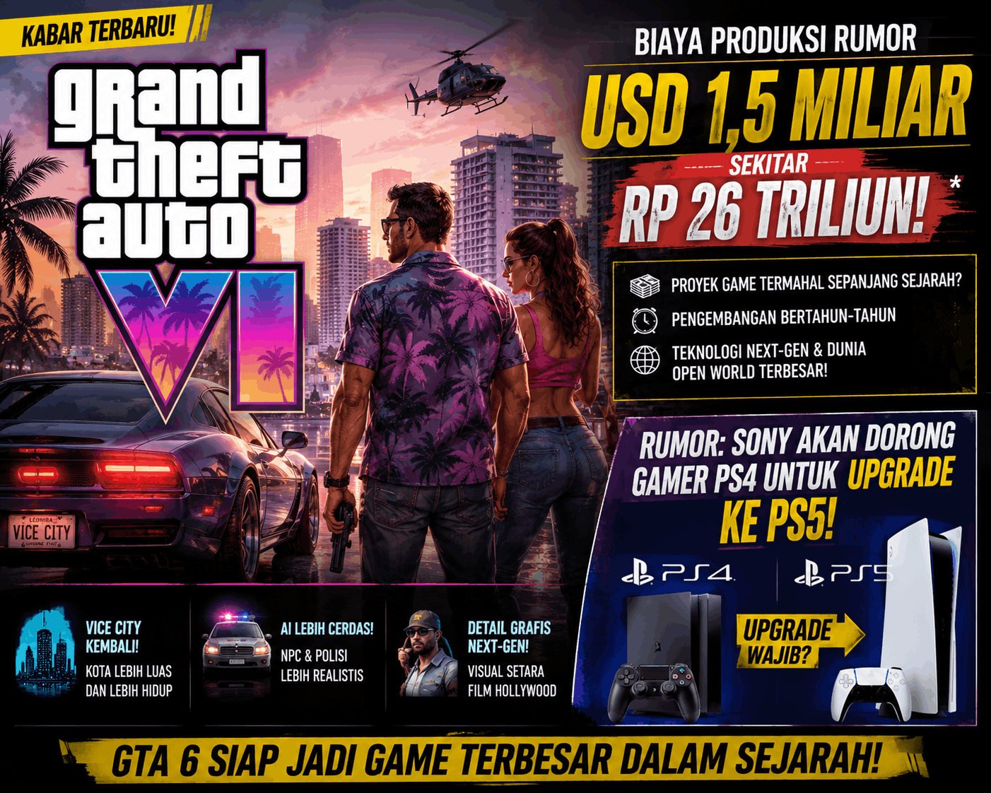 Biaya Produksi GTA 6 Dirumorkan Tembus Rp 26 Triliun, Gamer PS4 Disebut Bakal “Dipaksa” Upgrade ke PS5