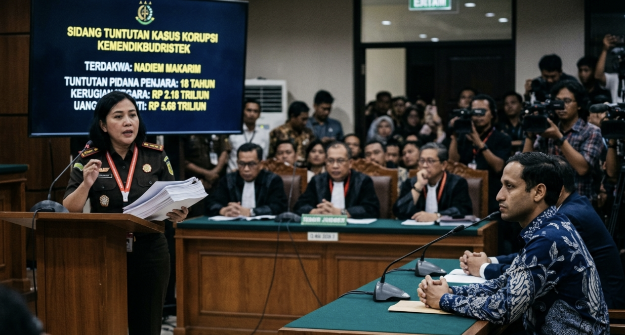Babak Baru Persidangan Tipikor Kemendikbudristek Jaksa Tuntut Nadiem Makarim Delapan Belas Tahun Penjara Atas Dugaan Korupsi Pengadaan Teknologi Pendidikan Nasional