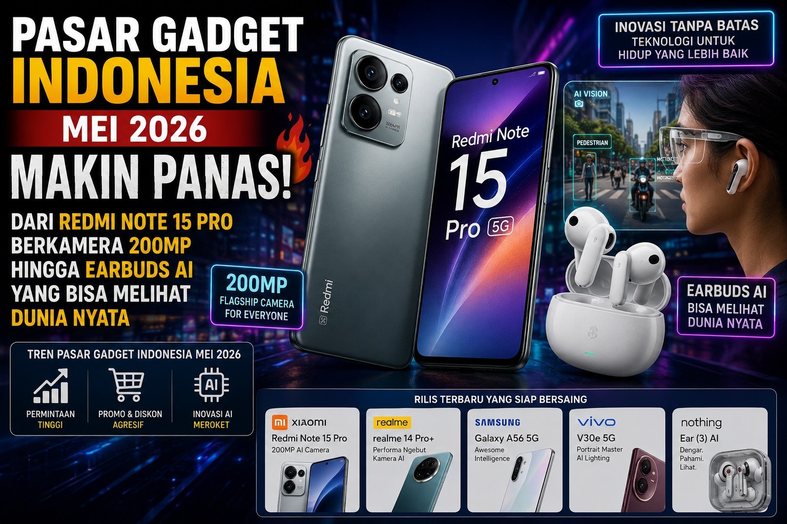 Pasar Gadget Indonesia Mei 2026 Makin Panas, dari Redmi Note 15 Pro Berkamera 200MP hingga Earbuds AI yang Bisa Melihat Dunia Nyata