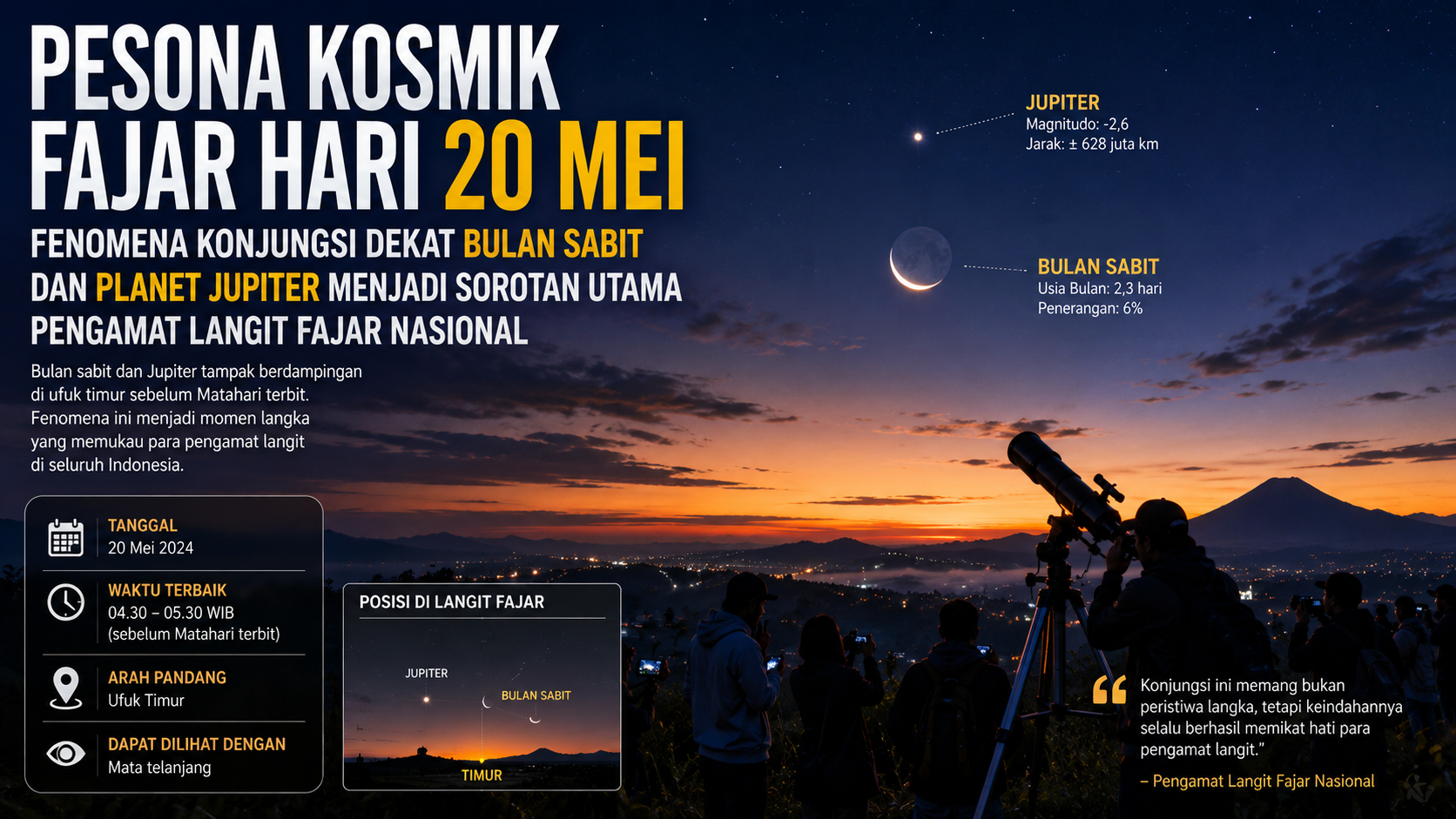 Pesona Langit Pada 20 Mei 2026, Fenomena Konjungsi Dekat Bulan Sabit dan Planet Jupiter Menjadi Sorotan Utama Pengamat Langit Fajar Nasional