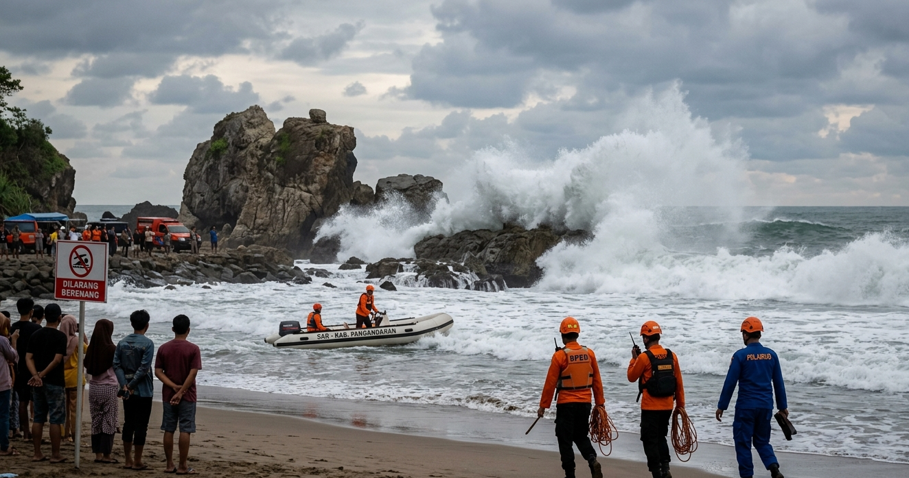 Wisatawan Terseret Ombak Ganas di Pantai Madasari Pangandaran, Tim SAR Gabungan Lakukan Pencarian Intensif