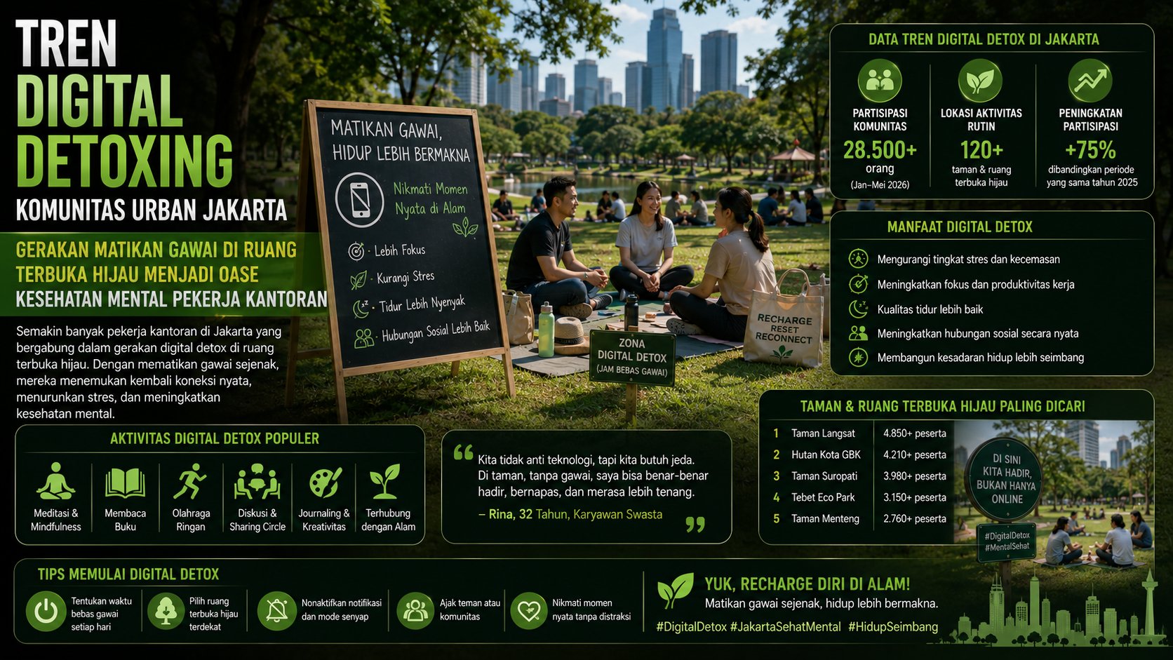 Tren Digital Detoxing Komunitas Urban Jakarta Gerakan Matikan Gawai di Ruang Terbuka Hijau Menjadi Oase Kesehatan Mental Pekerja Kantoran