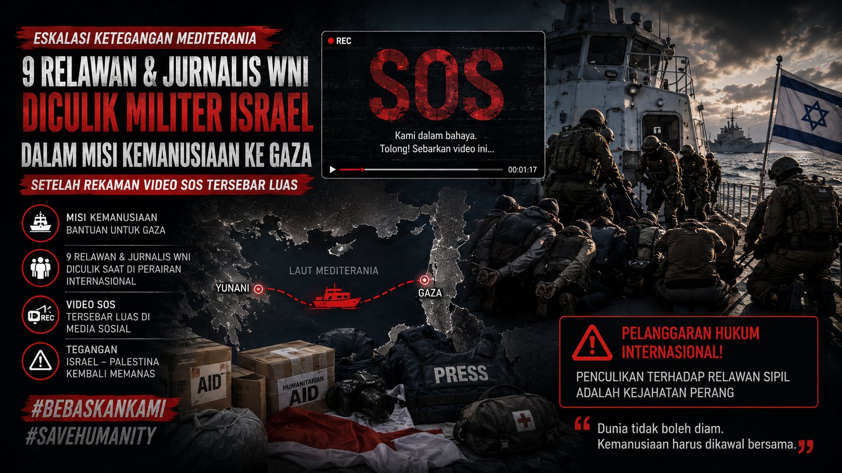 Eskalasi Ketegangan Mediterania Sembilan Relawan dan Jurnalis WNI dalam Misi Kemanusiaan ke Gaza Diculik Militer Israel Setelah Rekaman Video SOS Tersebar Luas
