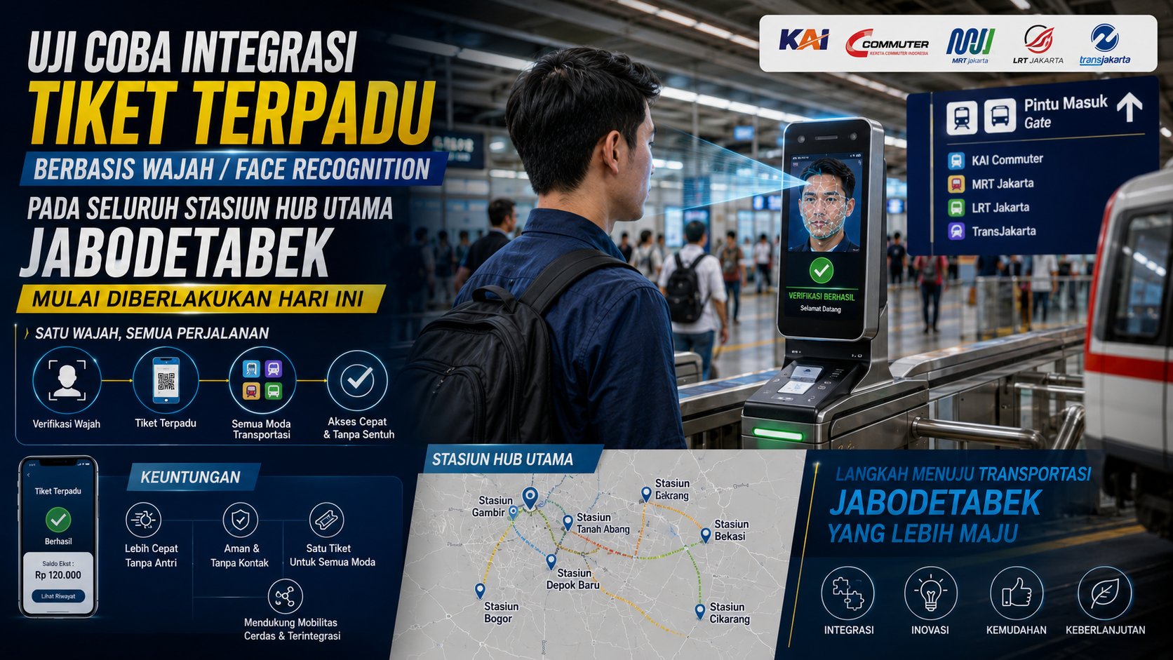 Uji Coba Integrasi Tiket Terpadu Berbasis Wajah Face Recognition pada Seluruh Stasiun Hub Utama Jabodetabek Mulai Diberlakukan