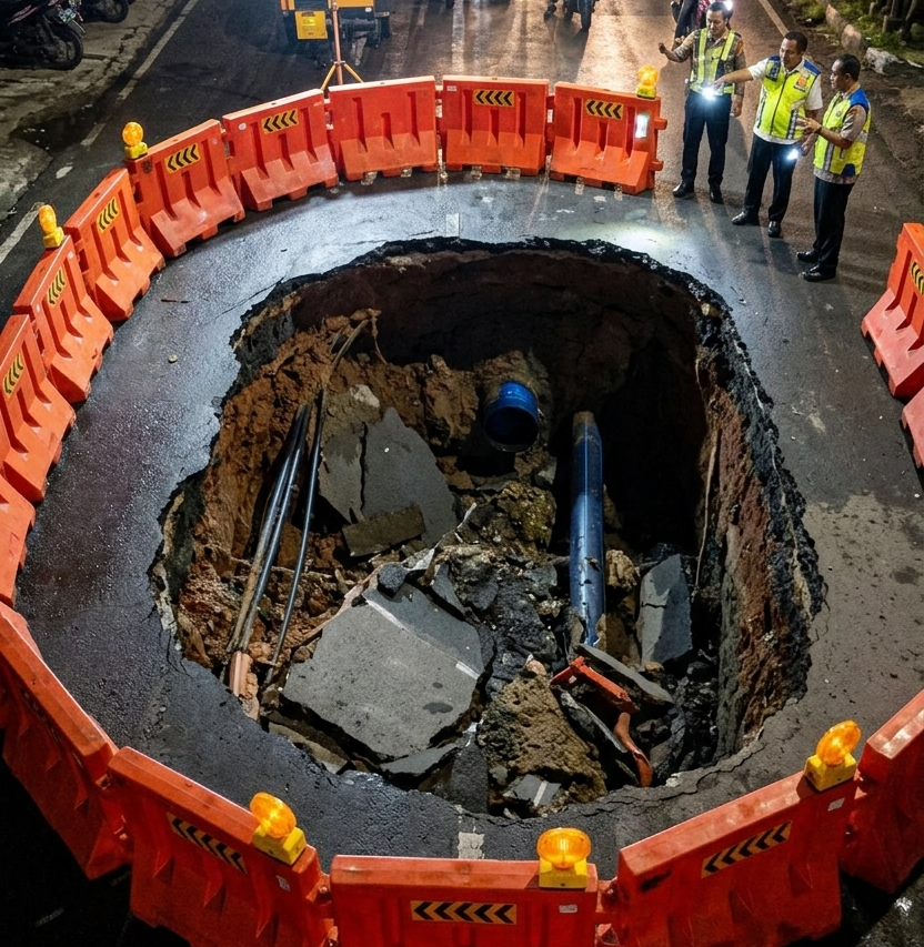 Ironis! Siang Ditambal, Malamnya Jalan Lenteng Agung Arah Depok Amblas 3 Meter