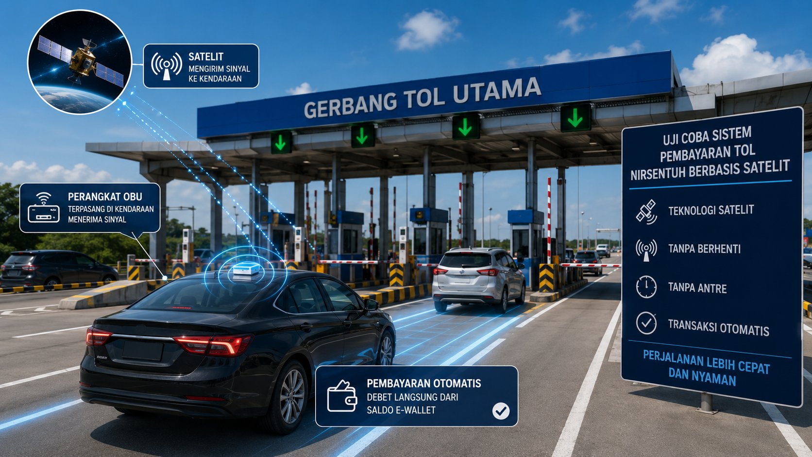 Penerapan Sistem Pembayaran Tol Nirsentuh Berbasis Satelit Mulai Diuji Coba Secara Massal Guna Menghilangkan Antrean Di Gerbang Tol Utama
