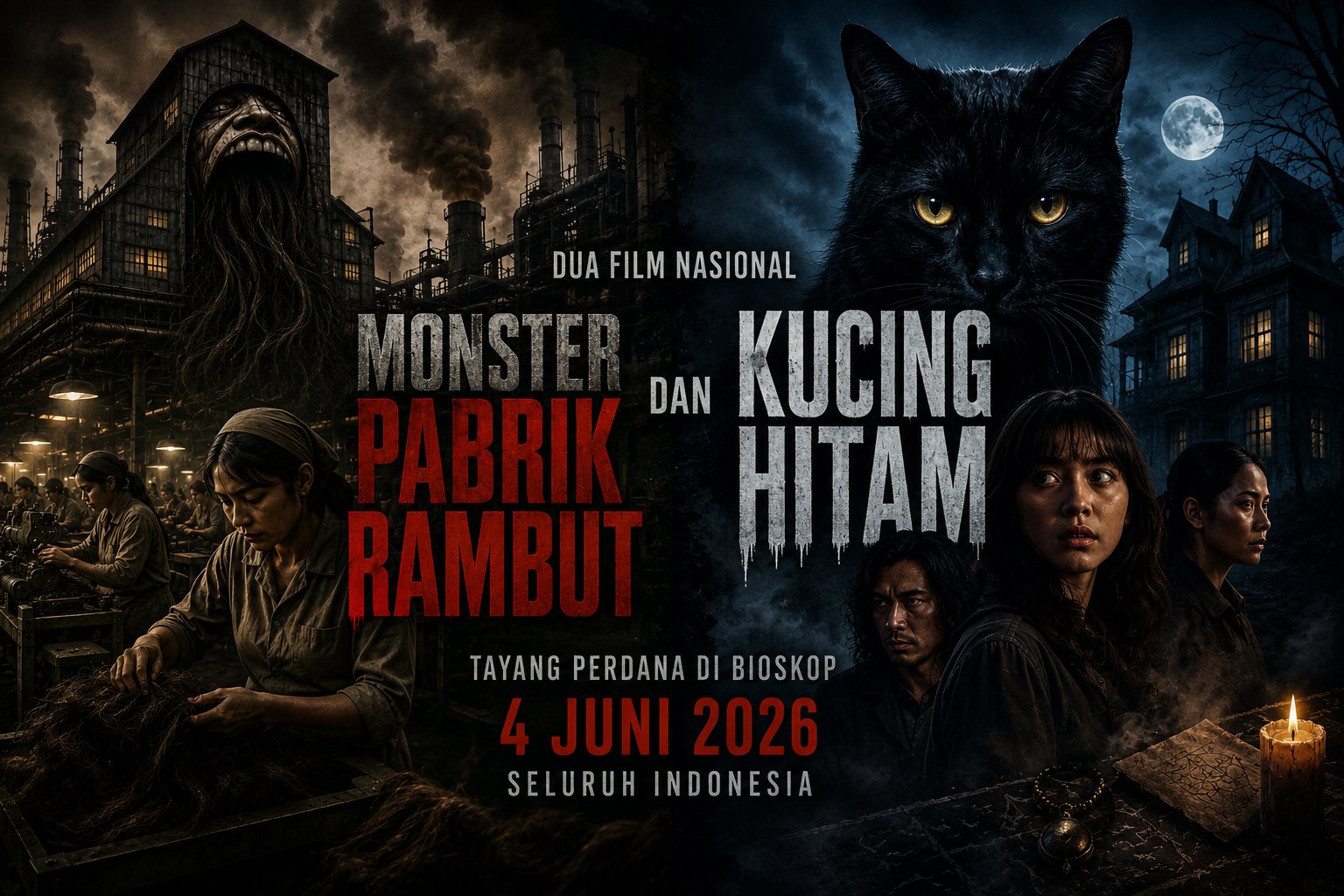 Dua Film Nasional Monster Pabrik Rambut dan Kucing Hitam Tayang Perdana di Bioskop Seluruh Indonesia pada 4 Juni 2026