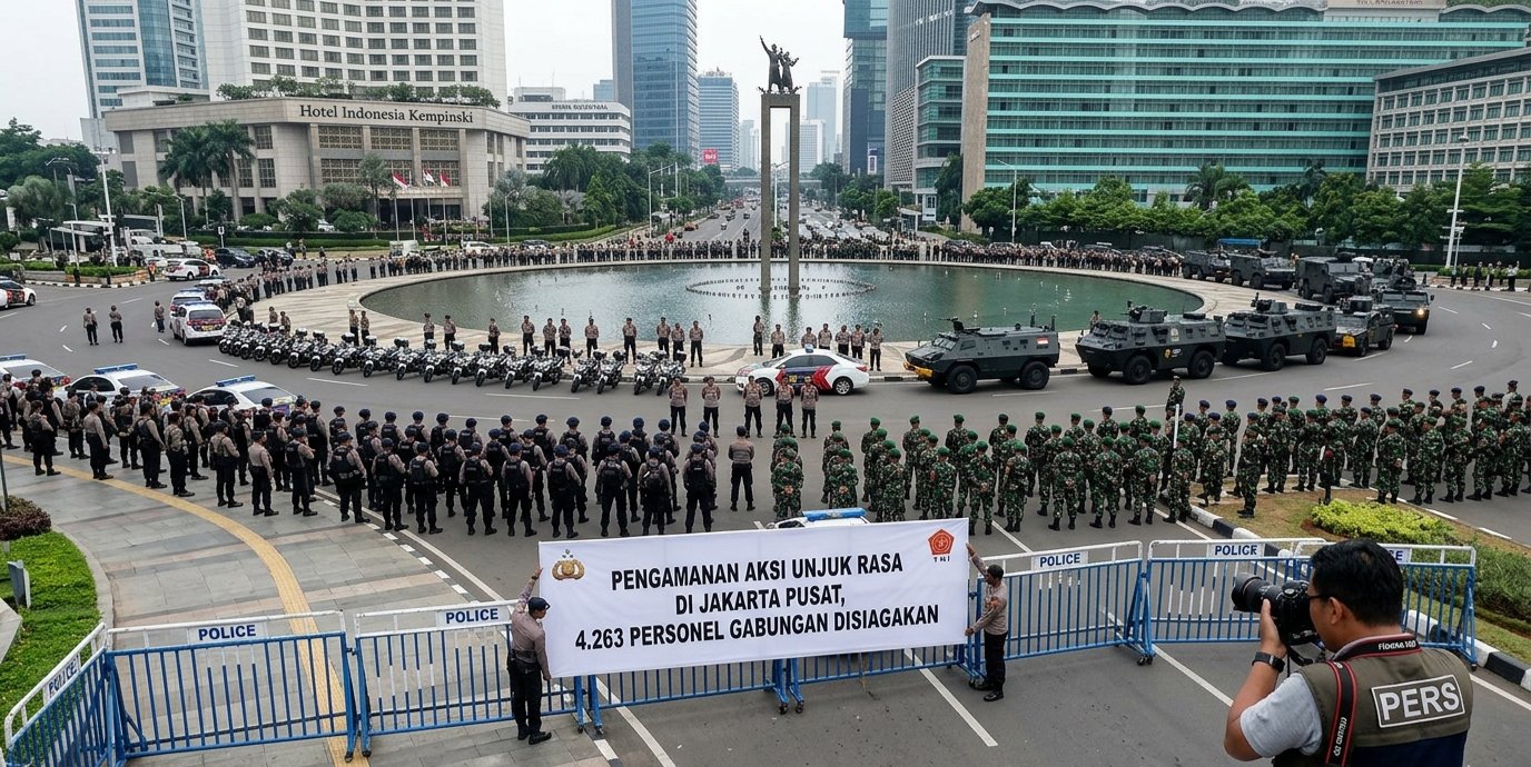Ribuan Aparat Gabungan Siaga Penuh Amankan Aksi Unjuk Rasa Besar di Gedung DPR dan Bundaran HI Jakarta Hari Ini