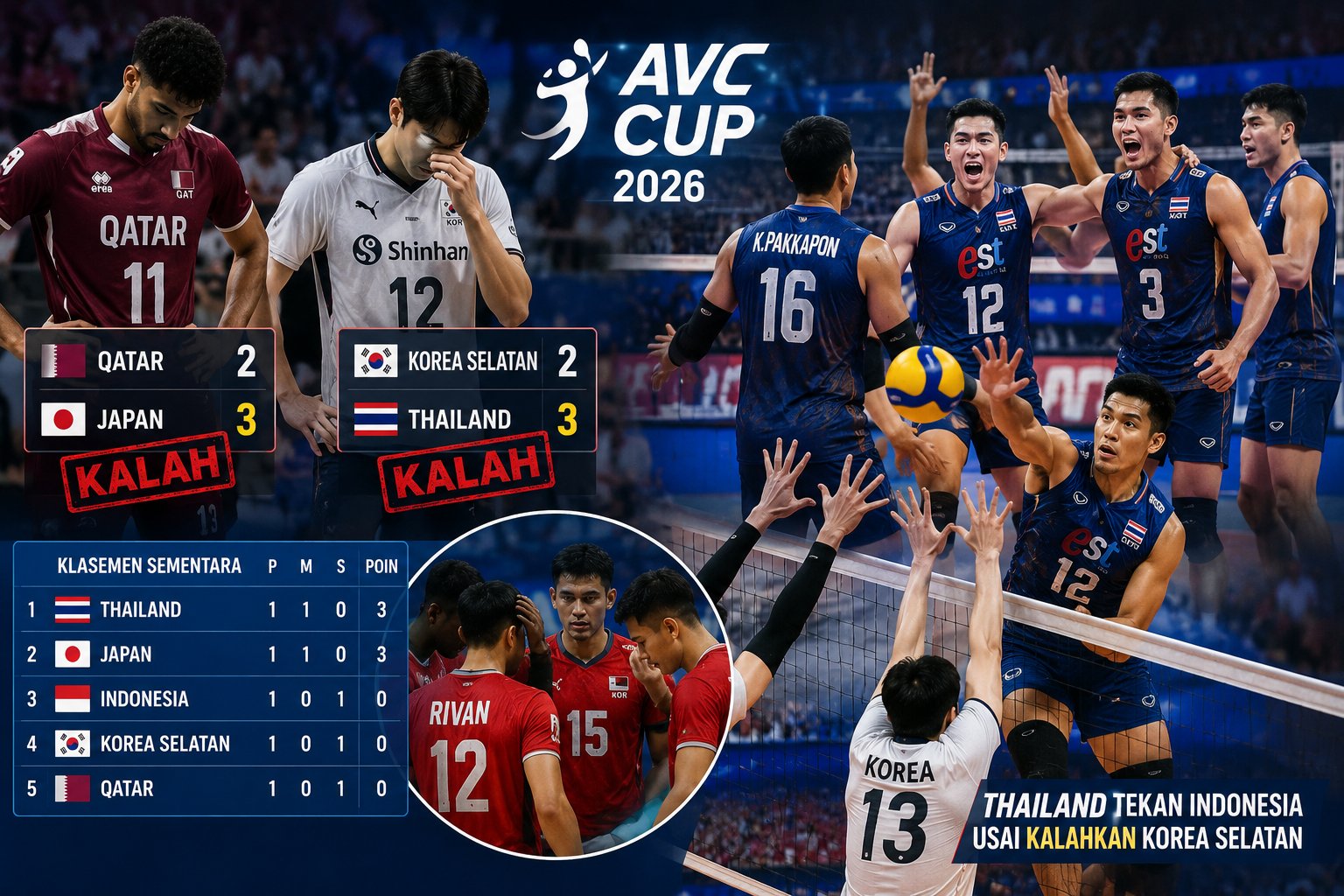 Kejutan Besar Terjadi di AVC Cup 2026 saat Dua Tim Terkuat Qatar dan Korea Selatan Tumbang di Hari Pertama, Thailand Tekan Indonesia Usai Kalahkan Korea Selatan