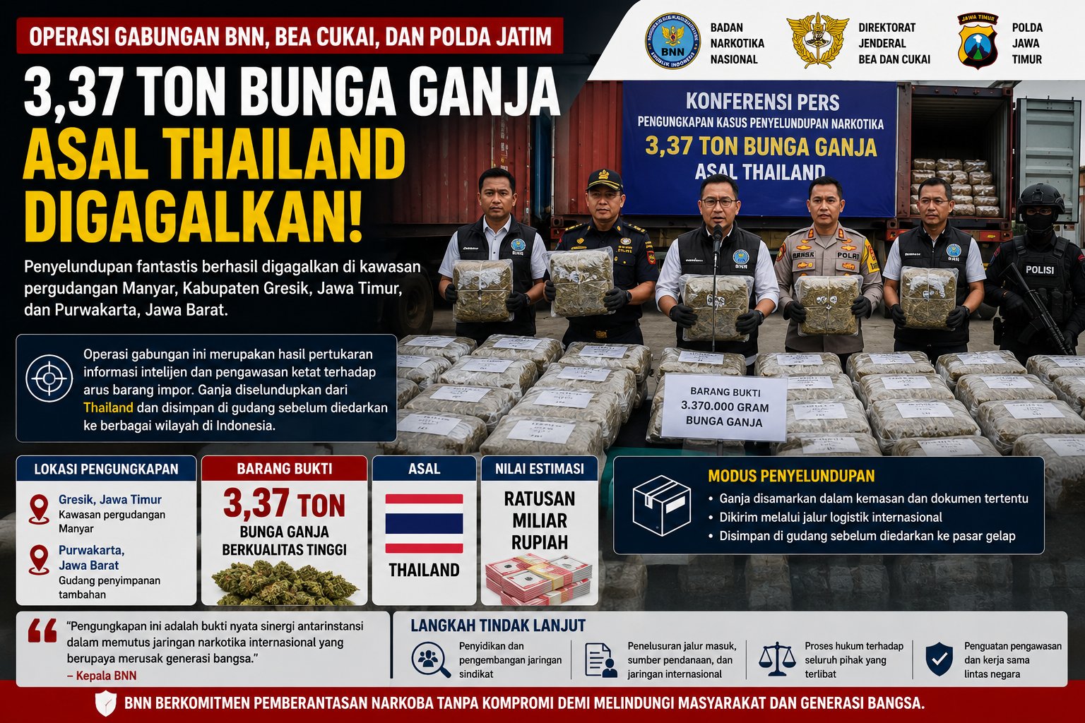 BNN Gagalkan Penyelundupan 3,37 Ton Ganja Asal Thailand, Nilainya Ditaksir Capai Ratusan Miliar Rupiah