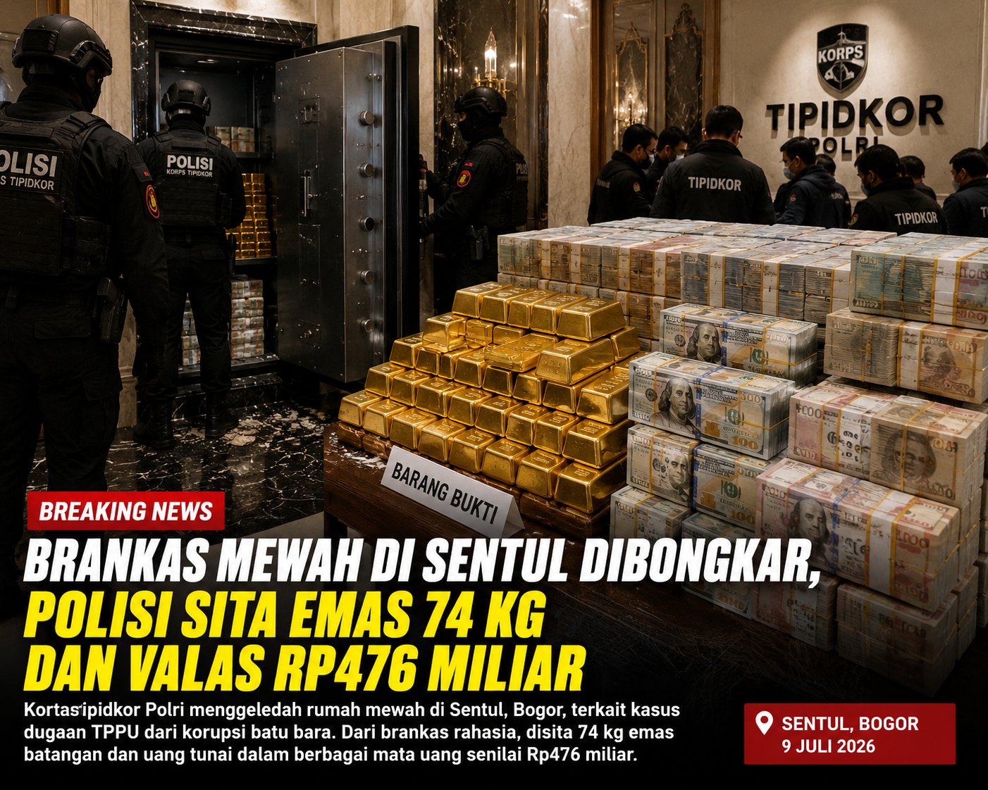 Brankas Mewah di Sentul Dibongkar, Polisi Sita Emas 74 Kg dan Valas Rp476 Miliar