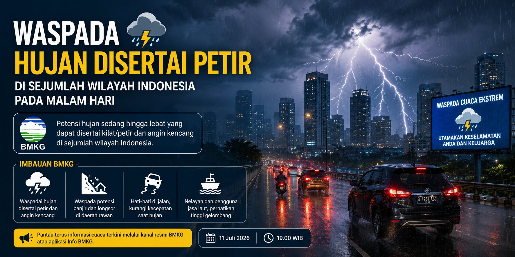 BMKG Waspadai Potensi Hujan Disertai Petir di Sejumlah Wilayah Indonesia pada Malam Hari