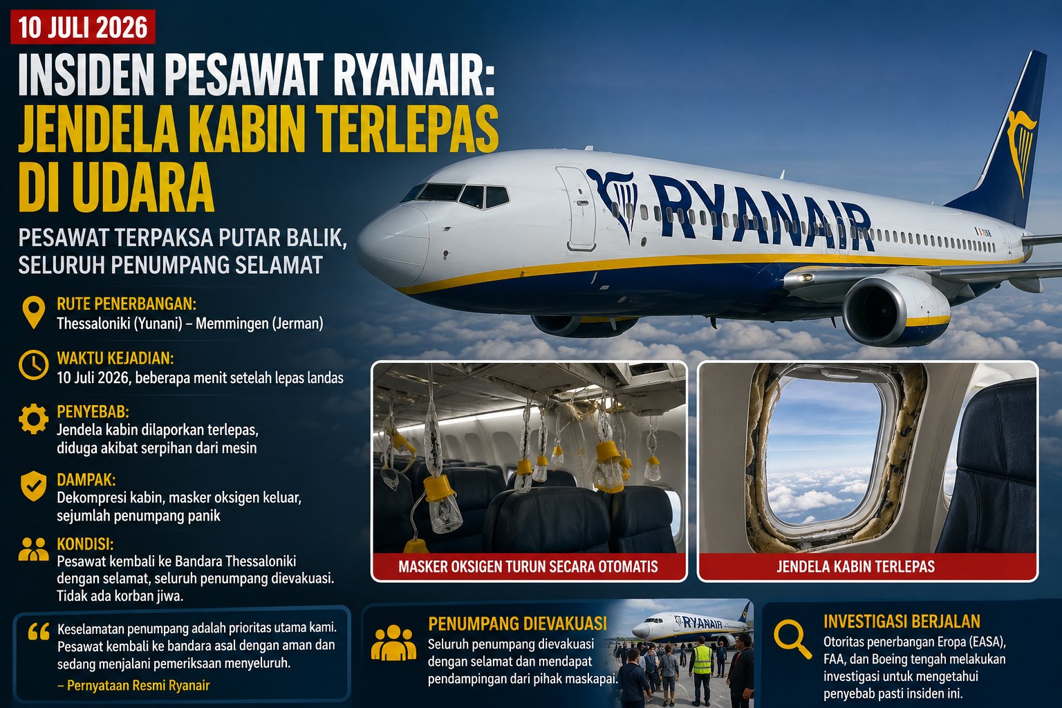 Jendela Kabin Terlepas di Udara, Insiden Ryanair Picu Kepanikan dan Sorotan Baru terhadap Keselamatan Penerbangan