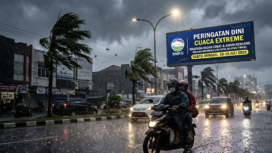 BMKG Keluarkan Peringatan Dini Cuaca 18-19 Juli 2026,Waspada Hujan Lebat dan Angin Kencang di Sejumlah Wilayah