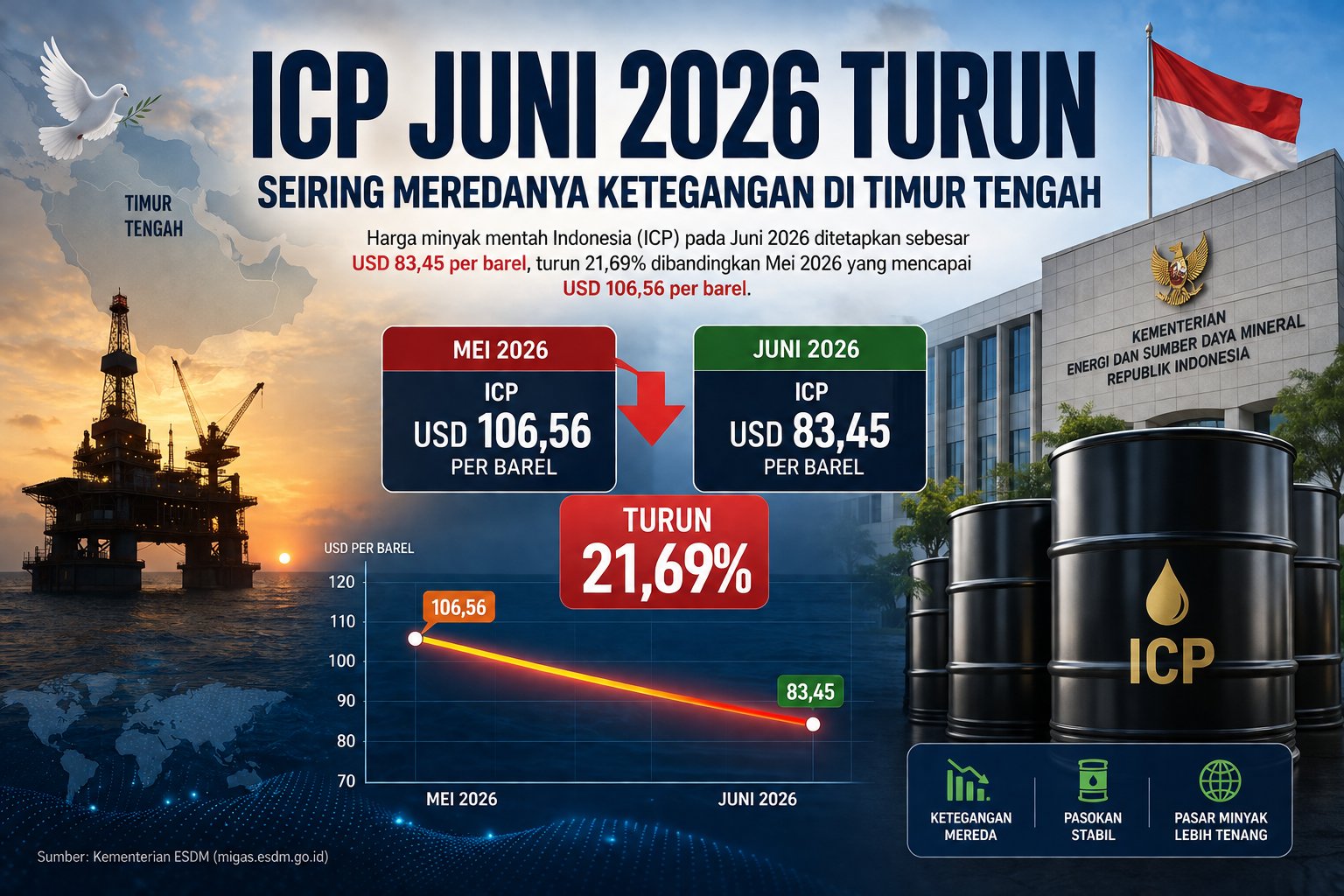 Harga Minyak Mentah Indonesia Anjlok 21,69 Persen pada Juni 2026, Ketegangan Timur Tengah Mulai Mereda