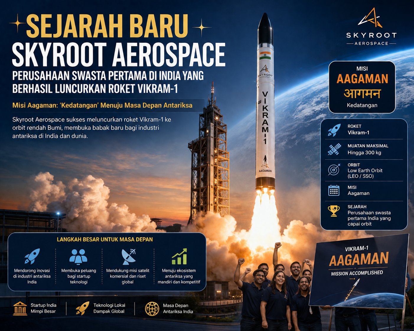 Sejarah Baru! Skyroot Aerospace Jadi Perusahaan Swasta Pertama India yang Berhasil Luncurkan Roket Vikram-1 ke Orbit Bumi