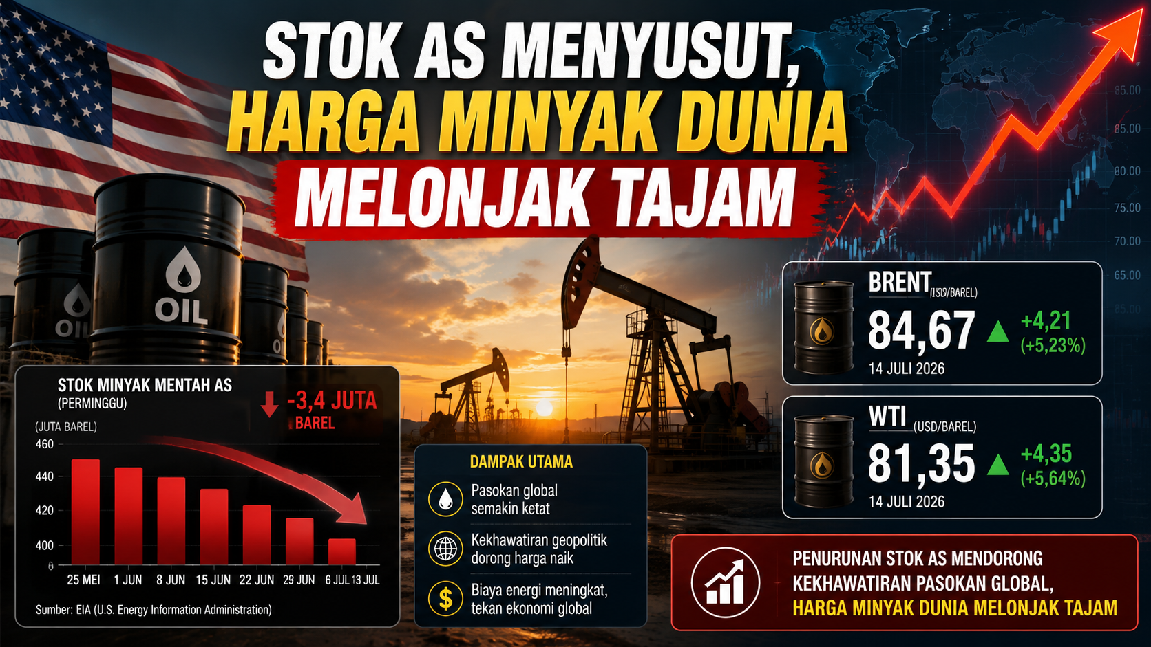 Stok AS Menyusut, Harga Minyak Dunia Melonjak Tajam