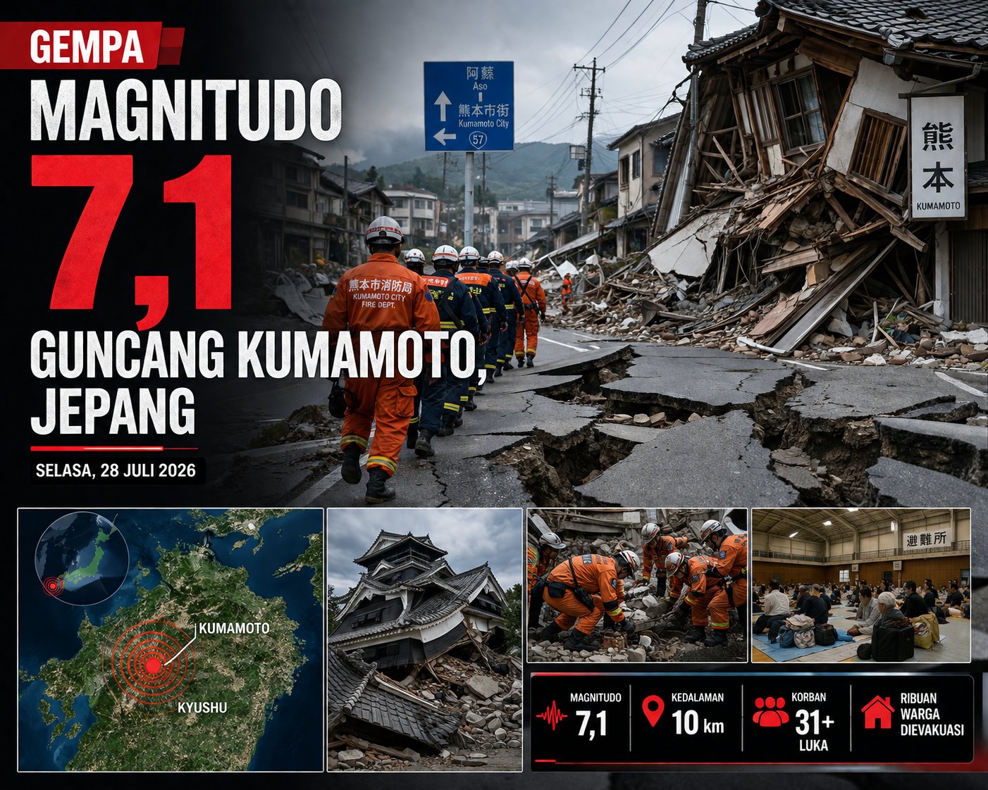Gempa Magnitudo 7,1 Guncang Kumamoto, Jepang, Korban Berjatuhan dan Ribuan Warga Dievakuasi