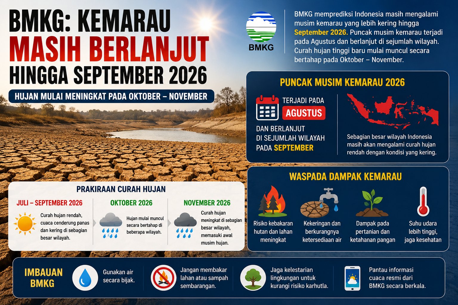 BMKG: Kemarau Kering Diprediksi Bertahan hingga September 2026, Hujan Mulai Meningkat pada Oktober