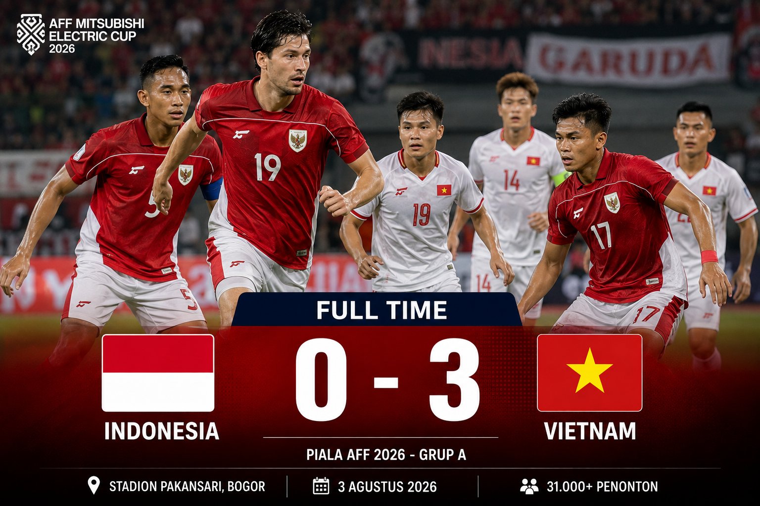 Indonesia Dibungkam Vietnam 0-3 di Piala AFF 2026, Peluang Garuda ke Semifinal Kian Berat