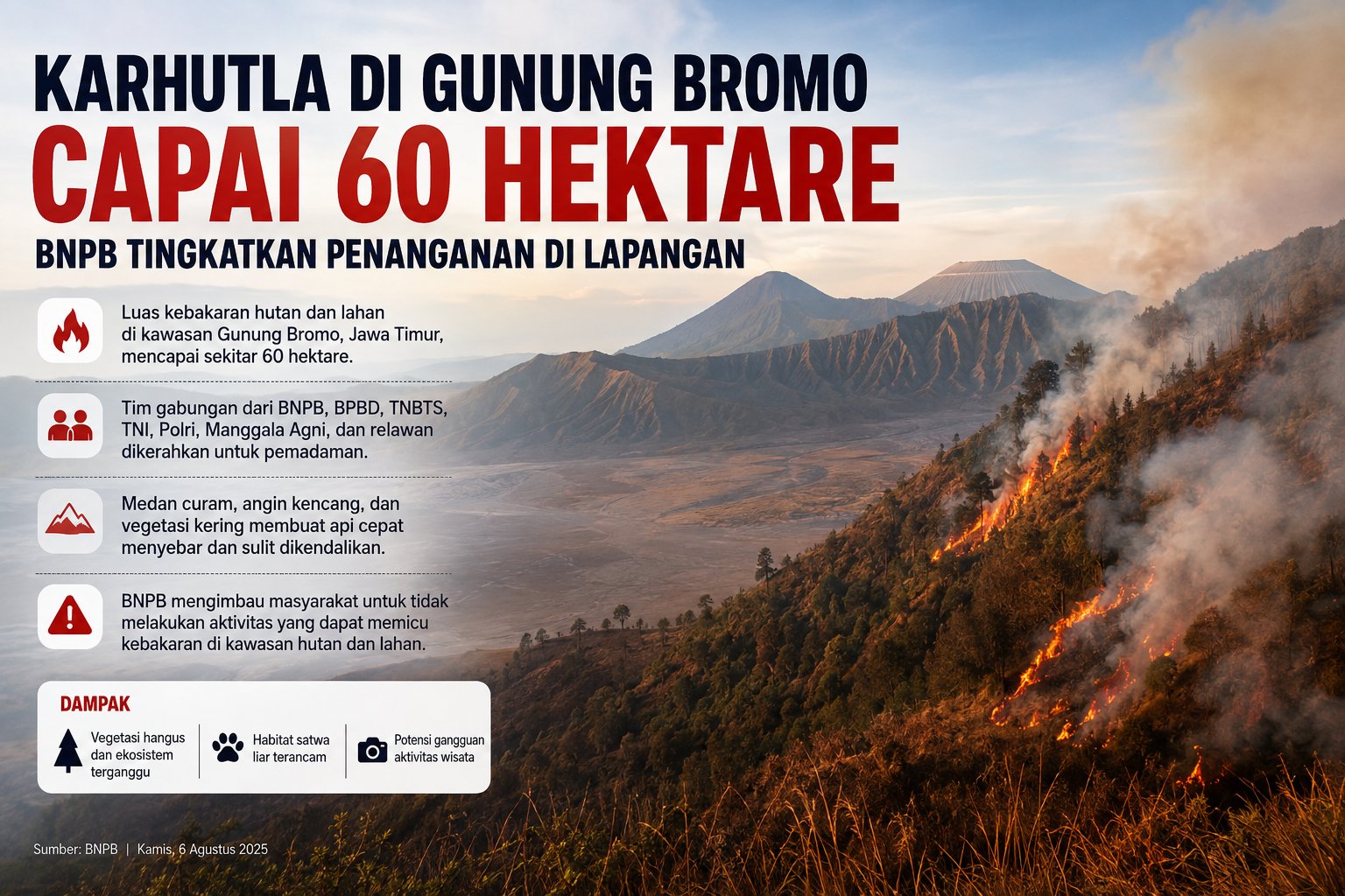 Api Meluas di Gunung Bromo, 60 Hektare Hutan Terbakar! BNPB Tingkatkan Penanganan Karhutla
