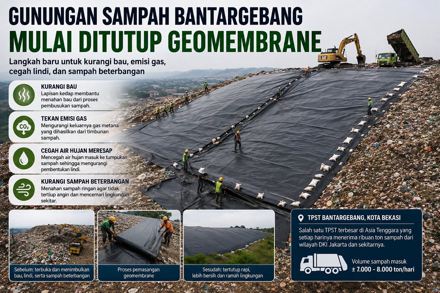 Gunungan Sampah Bantargebang Mulai Ditutup Geomembrane, Langkah Baru Tekan Bau dan Emisi Gas