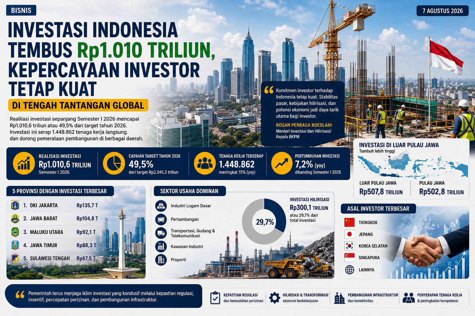 Investasi Indonesia Tembus Rp1.010 Triliun, Kepercayaan Investor Tetap Kuat di Tengah Tantangan Global