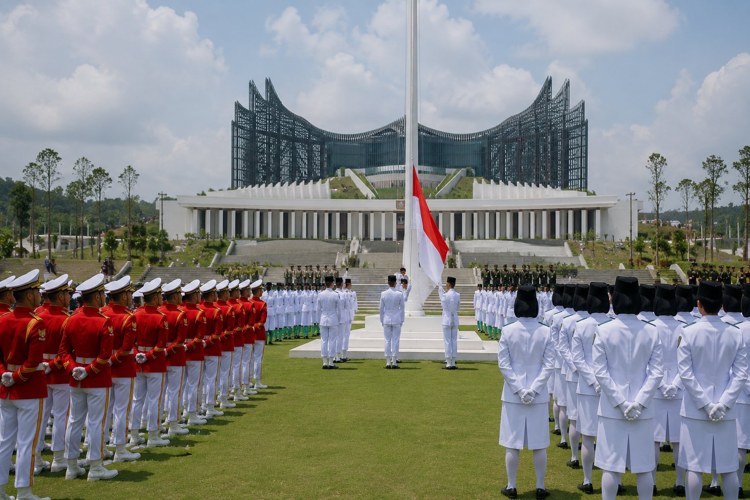 Ribuan Pasukan Upacara dan Paskibraka Tingkat Nasional Mulai Jalani Gladi Bersih di Lapangan Upacara IKN