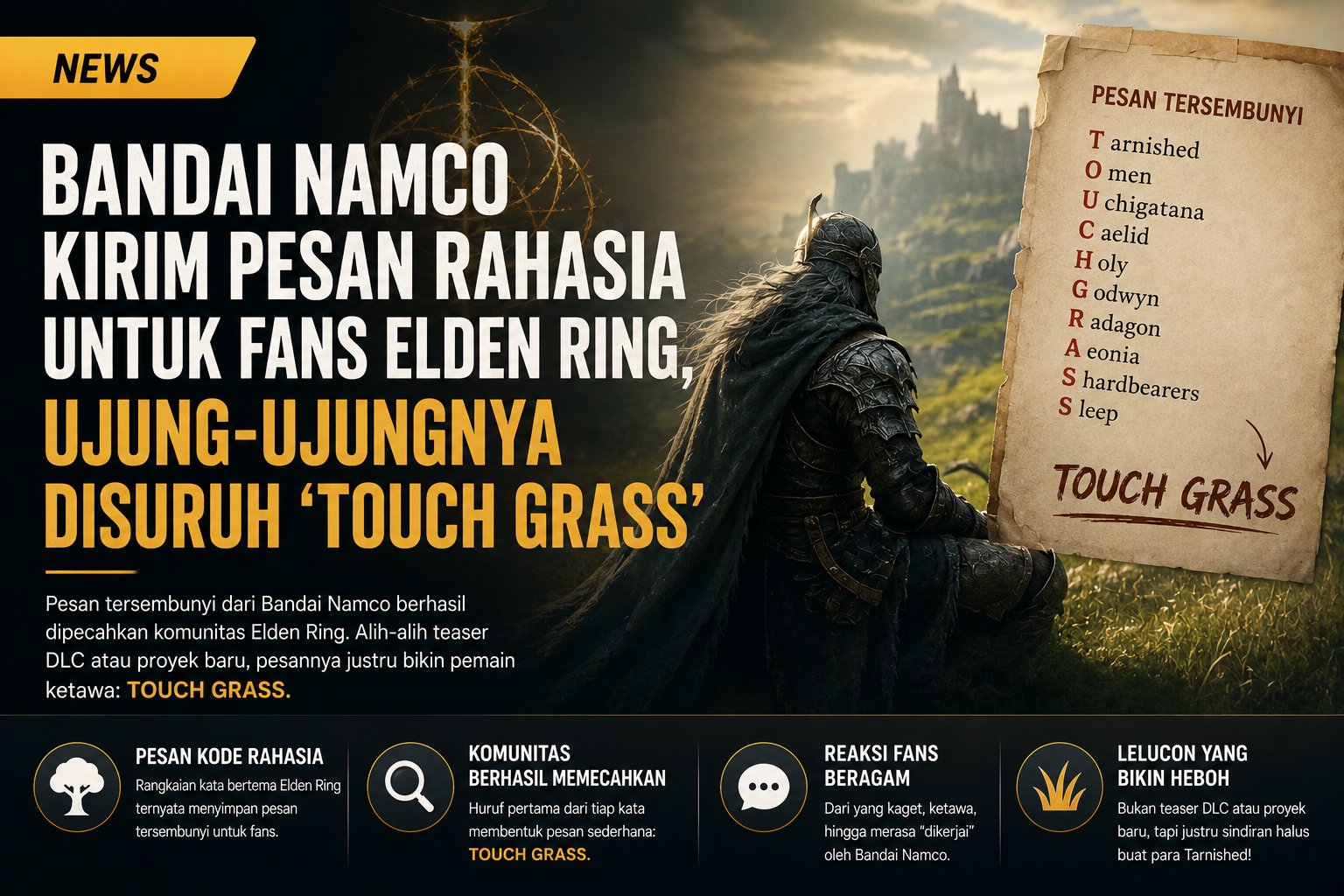 Bandai Namco Kirim Pesan Tersembunyi untuk Fans Elden Ring, Ujung-Ujungnya Malah Disuruh Touch Grass