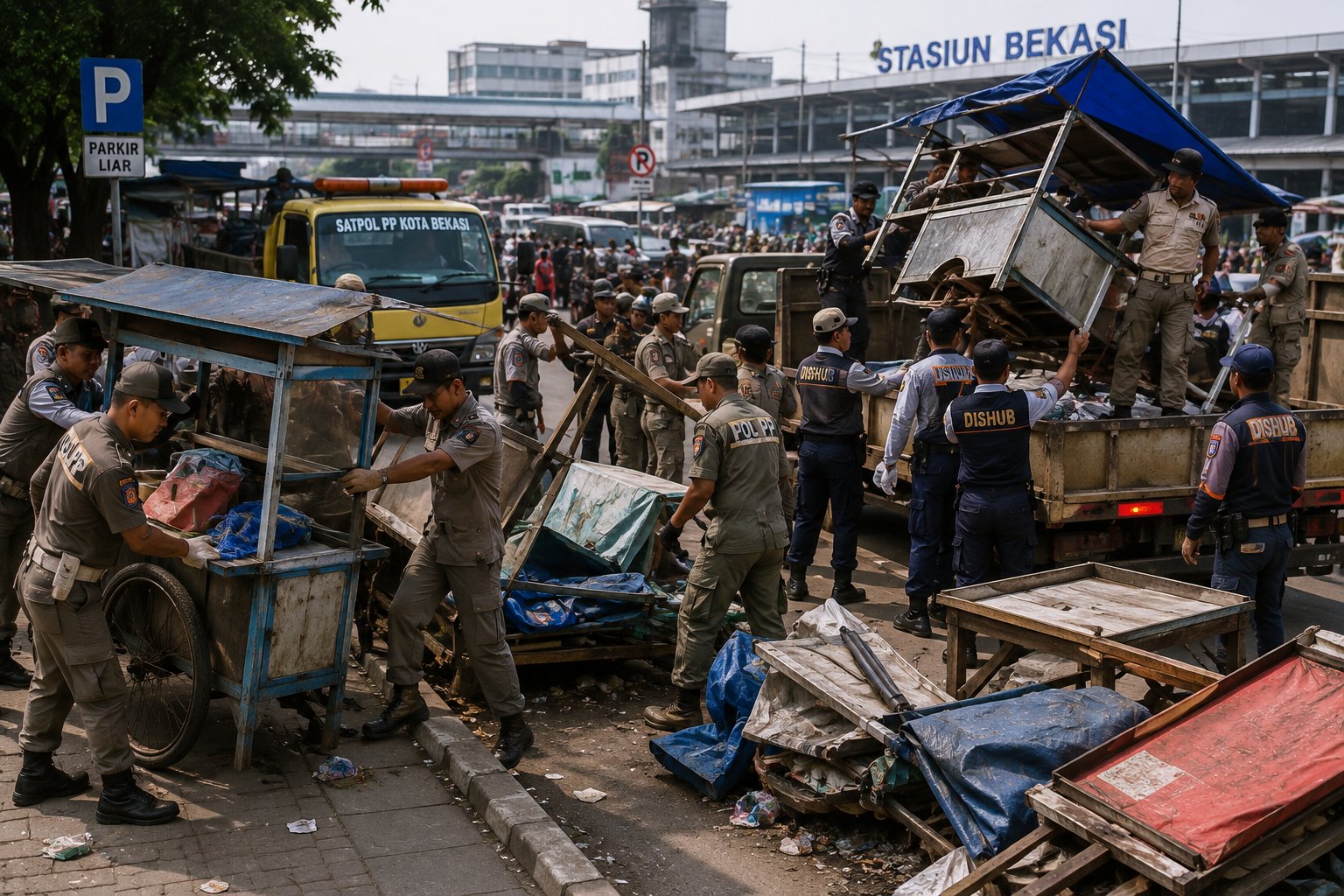 Bikin Semrawut dan Macet Parah, Ratusan Lapak PKL dan Parkir Liar di Kawasan Stasiun Bekasi Akhirnya 'Digaruk' Petugas Gabungan