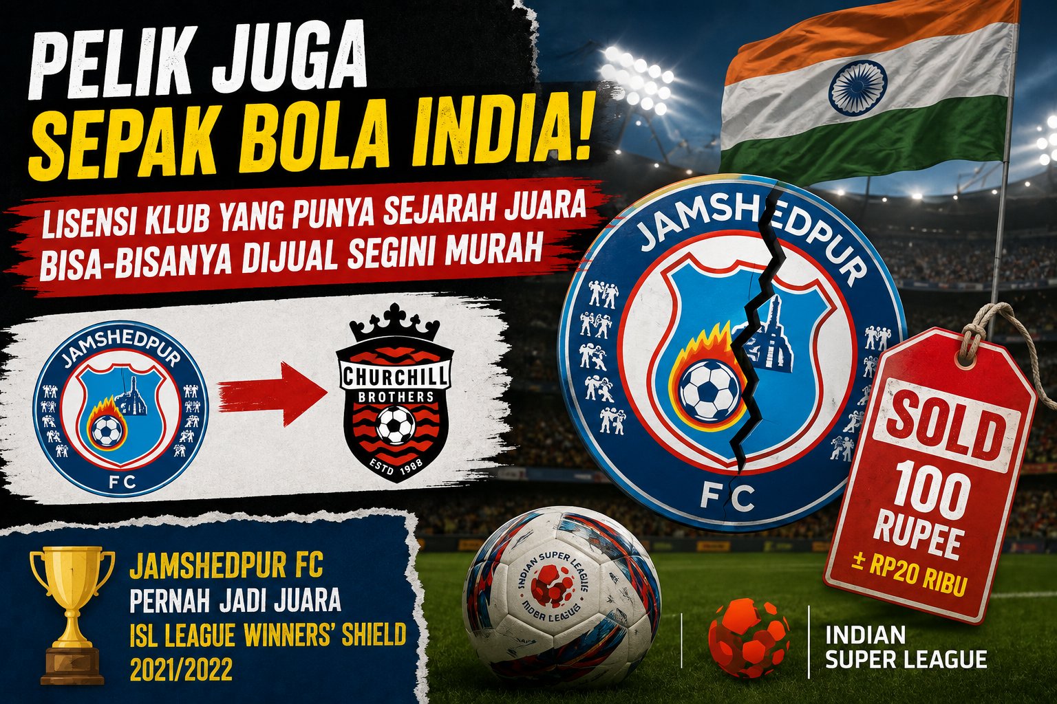 Jamshedpur FC Dijual Cuma Rp100, Lisensi Klub Juara ISL Berpindah ke Churchill Brothers