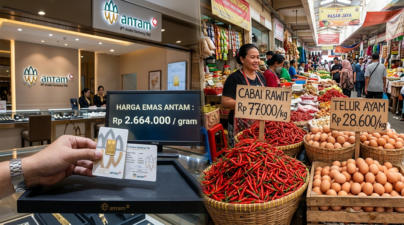 Harga Pangan & Emas Harga emas batangan Antam di awal bulan bergerak ke level Rp2,664 juta per gram. Sementara di pasar bahan pokok, harga cabai rawit tercatat berada di kisaran Rp77.000/kg dan telur ayam Rp28.600/kg.