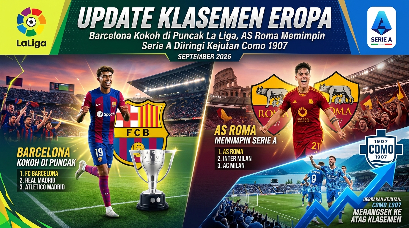 Update Klasemen Eropa Barcelona Kokoh di Puncak La Liga, AS Roma Memimpin Serie A Diiringi Kejutan Como 1907