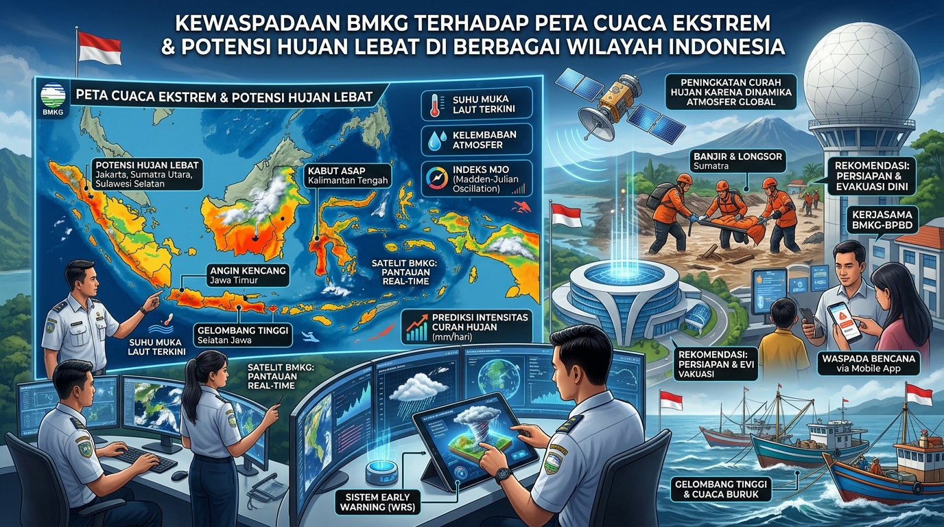 Kewaspadaan BMKG Terhadap Peta Cuaca Ekstrem dan Potensi Hujan Lebat di Berbagai Wilayah Indonesia