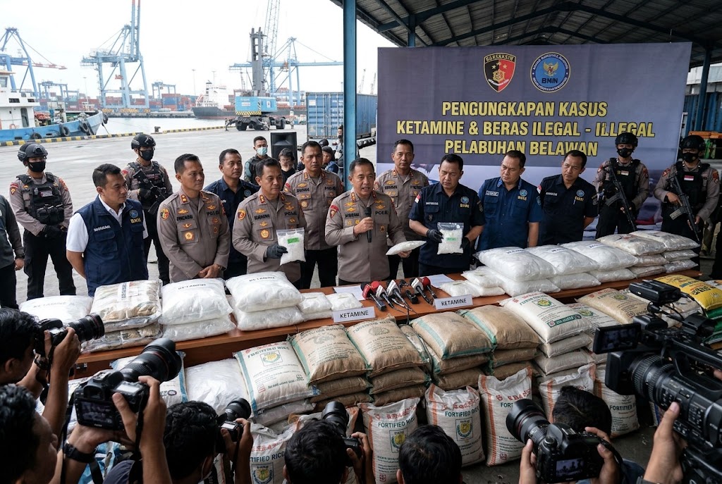 Bareskrim Polri Gagalkan Penyelundupan Satu Ton Ketamin di Belawan dan Bongkar Kasus Beras Fortifikasi Ilegal